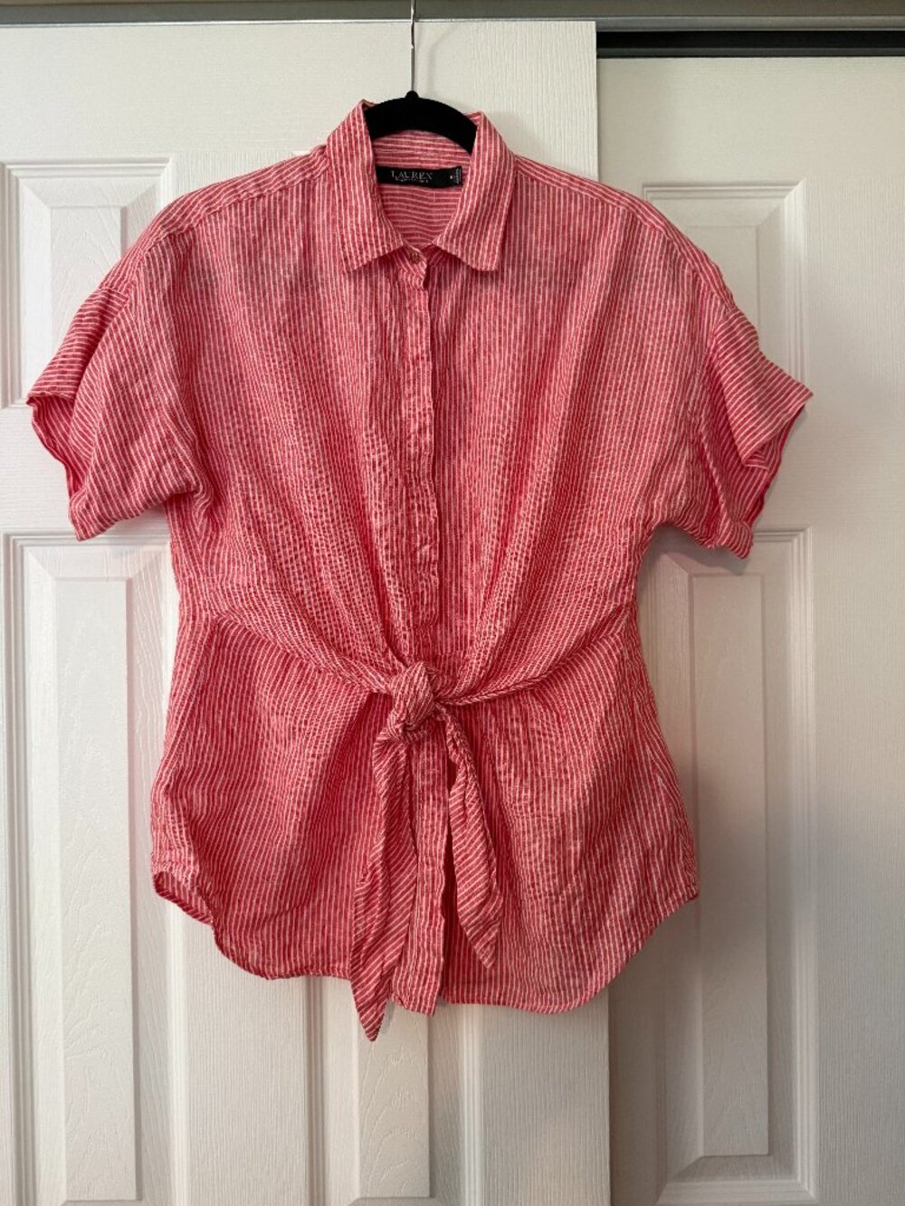 Lauren Ralph Lauren Linen Tie Front Shirt M Coral White Stripe